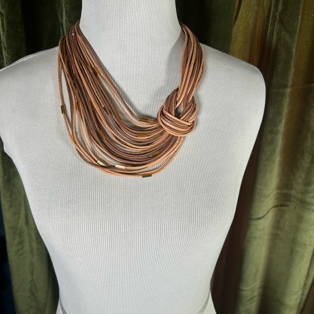 Multi-Strand Tan Knot Statement Necklace with Gold Accents - Picture 2 of 4